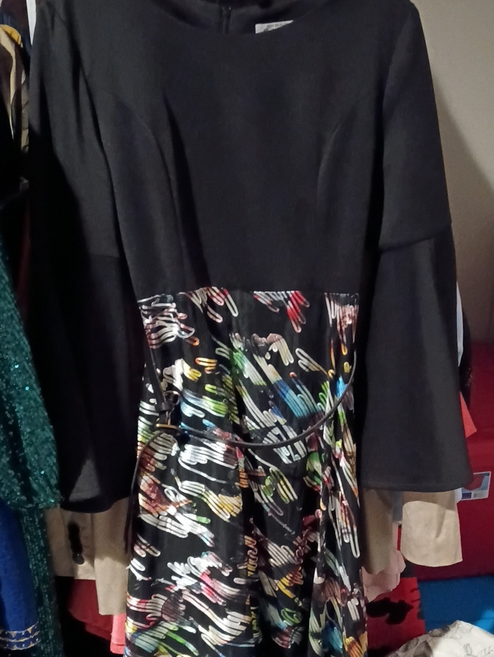Black High-Low Dress with Multicolor Abstract Skirt